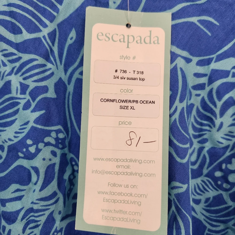Escapada 3/4 sleeve Susan top in the color cornflower/PB ocean, size XL - Picture 4 of 8